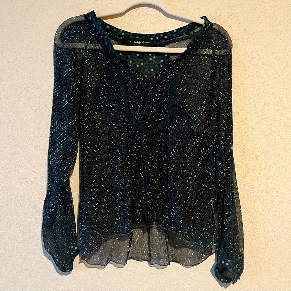 Zadig & Voltaire Boho Artsy Sheer Silk Long Sleeve Embroidered Blouse SZ Small